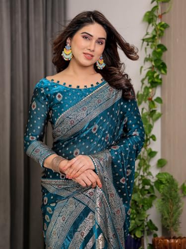Image of ALMAARI FASHION Fendy Satin Foil Print Floral Saree with Tassels, Traditional Butti Motifs, 5.5m with 0.8m Blouse (FOIL 102 RAMA H)