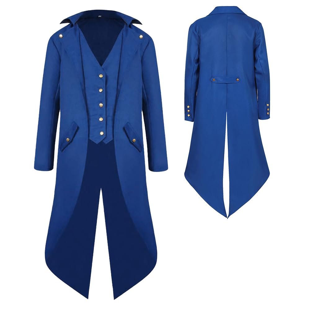 YQVGFBY Men's Gothic Steampunk Tailcoat Men,Medieval Victorian Vintage Jacket Uniform Long Tuxedo,Renaissance Pirate Vampire Party Cosplay Costumes for Adults Men (Blue, XXL)