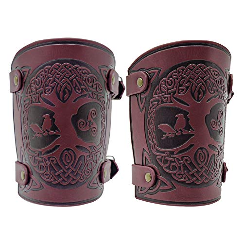 HiiFeuer Viking Yggdrasil World Tree Embossed PU Leather Arm Bracers, Medieval Buckle Arm Guards for LARP Halloween (Burgundy wine)