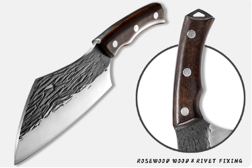 Premium High Carbon Steel Meat Cleaver Chef Knife with Leather Sheath, Perfect for Slicing, Cutting, and Butchering Meat and Vegetables
