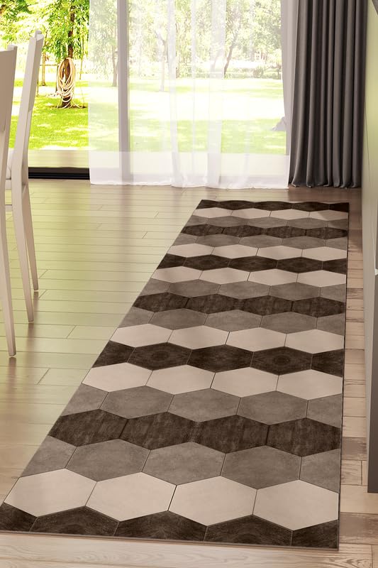 NARCISO Tappeto Cucina Antiscivolo Lavabile 100% Vinile Gommato Antimacchia, Passatoia Cucina Antiscivolo Lavabile, Tappeti Runner Disponibili in Varie Metrature (Tiles Sabbia, 52x240cm)