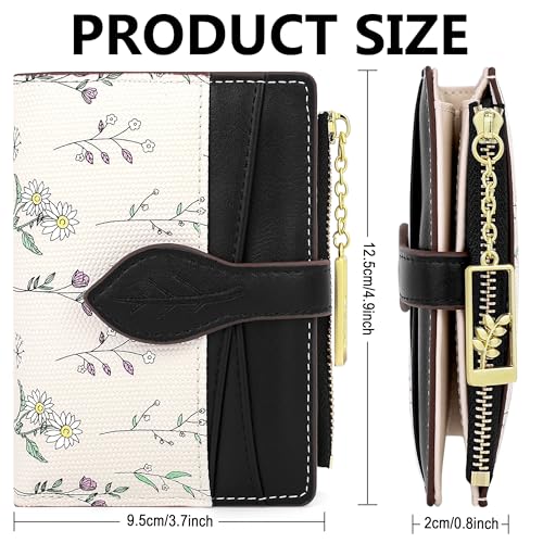 Image of Farcauo Cute Black Minimalist Flower Wallet for Women Small Kawaii Coin Purse with ID Window Lightweight and Stylish Design Compact Cash Wallet for Ladies