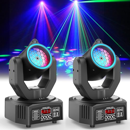 2-Pack Mini Moving Head Light,30W LED Stage Lighting with Remote Control – Dot Beam/Pattern/Starry Sky Effects for Weddings, DJs, Disco, Church & Bar