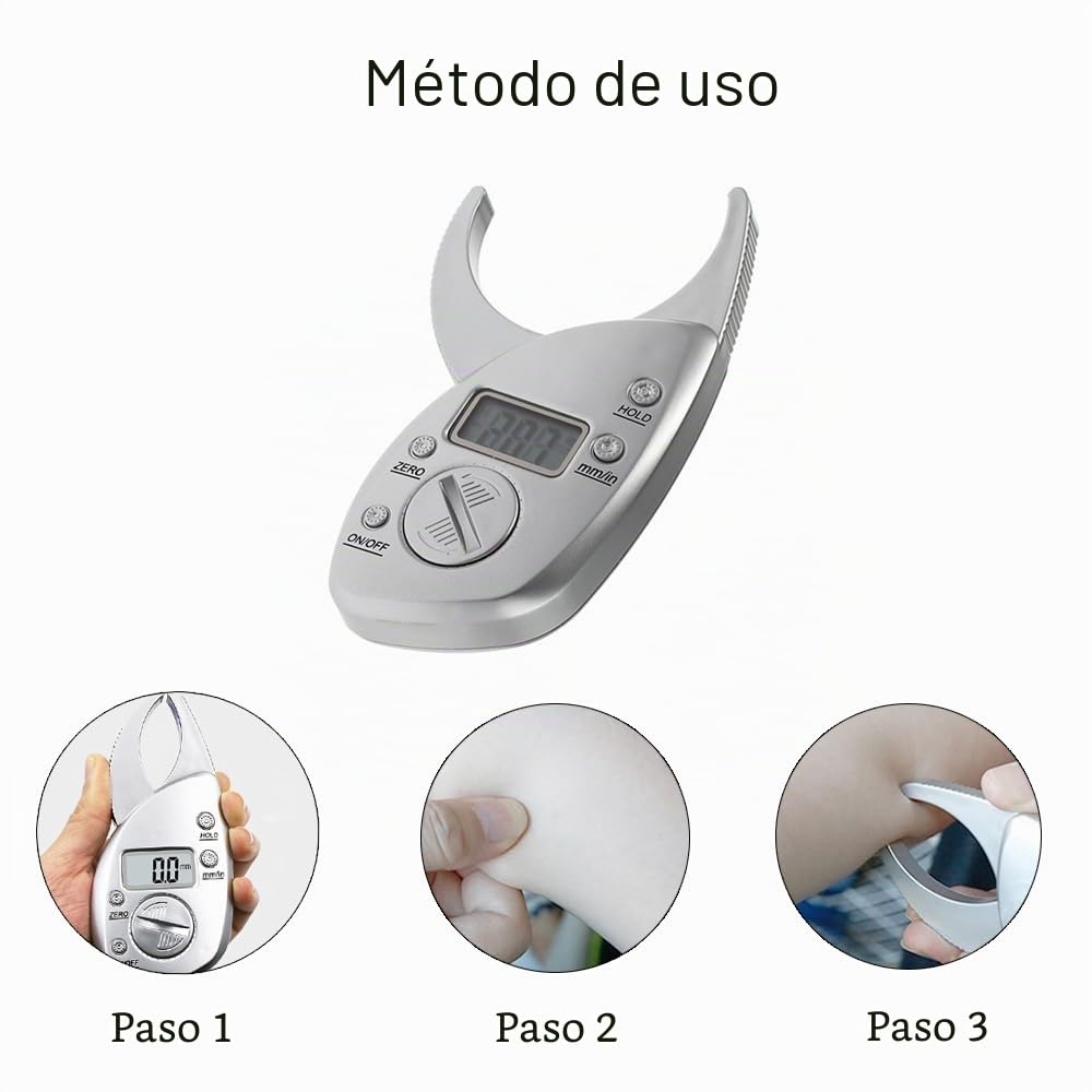Calibrador de Grasa Corporal Digital, Medidor de Sebo con Medición del Pliegue Cutáneo Pinza Alta Precisión Pantalla LCD Batería para Adultos Plata