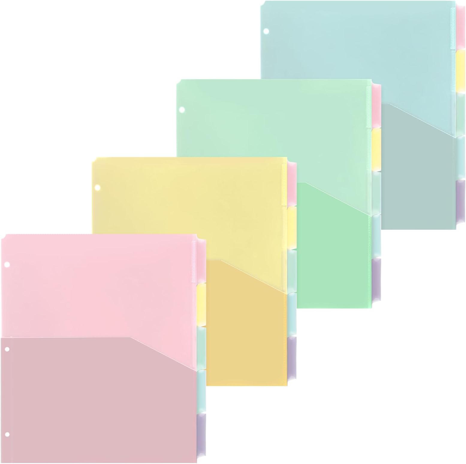 Janlaugh 4 Sets 5 Tab Plastic Binder Dividers Plastic Index with Pockets for 3 Ring Binders 9 3/4 x 11 1/2 Inches 3 Hole Page Colorful Dividers Sturdy Supplies for Office Back to School(Pastel)
