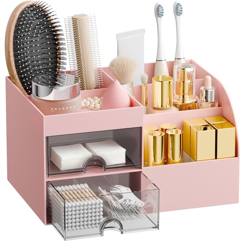 Makeup Organizer with 2 Drawers Makeup Organizers Countertop for Vanity and Bathroom Make up organization and Skincare Storage with Brush Holder for Dresser Desktop Cosmetic Display Case (Pink)