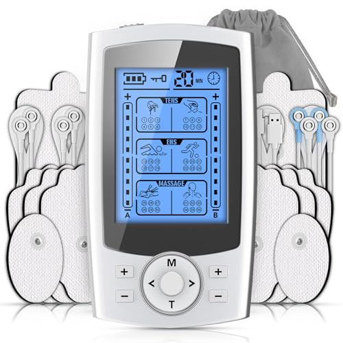 NUKVRYY TENS EMS Gerät Wiederaufladbar Elektrische Muskelstimulation & Massage mit 2 Kanälen, 36 Trainingsprogrammen, 10 Stück Premium Elektroden Pads, Muskelaufbau für Bein, Rücken, Schulter