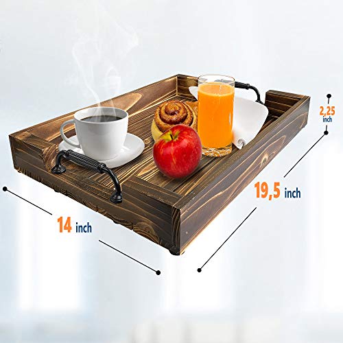 Ottoman Wooden Serving Decorative Large Rustic Tray, Black Sleek Metal Handles. Great for Kitchen, Coffee Table, Dinning Centerpiece, Breakfast in Bed, Bathtub Accessory, Farmhouse Home Décor (Brown) - Thumbnail 2