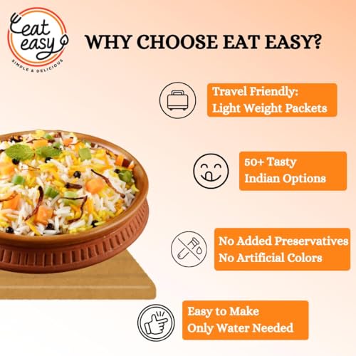 Image of Eat Easy Ready To Eat Veg Pulav, 95gm of 1 Pack, Instant Food, Indian Meal, Travel Food, No Preservatives, No Added Artificial Colours & Flavours, Just Add Water and Cook (Pack of 2)