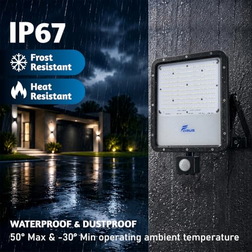 Image of Forus 250W LED Flood Light Red with Motion Sensor Auto On Off Day Night Mode Waterproof Outdoor Security Light for Garden Parking Garage Factory Warehouse Shop High Bright Floodlight 4Yr Warranty-1Pc
