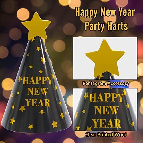 Runmeihe 12PCS New Years Eve Party Hats, Black Gold Cone New Year Party Hats, Happy New Year Decorations for Adults, Kids, New Years Eve Decorations 2023