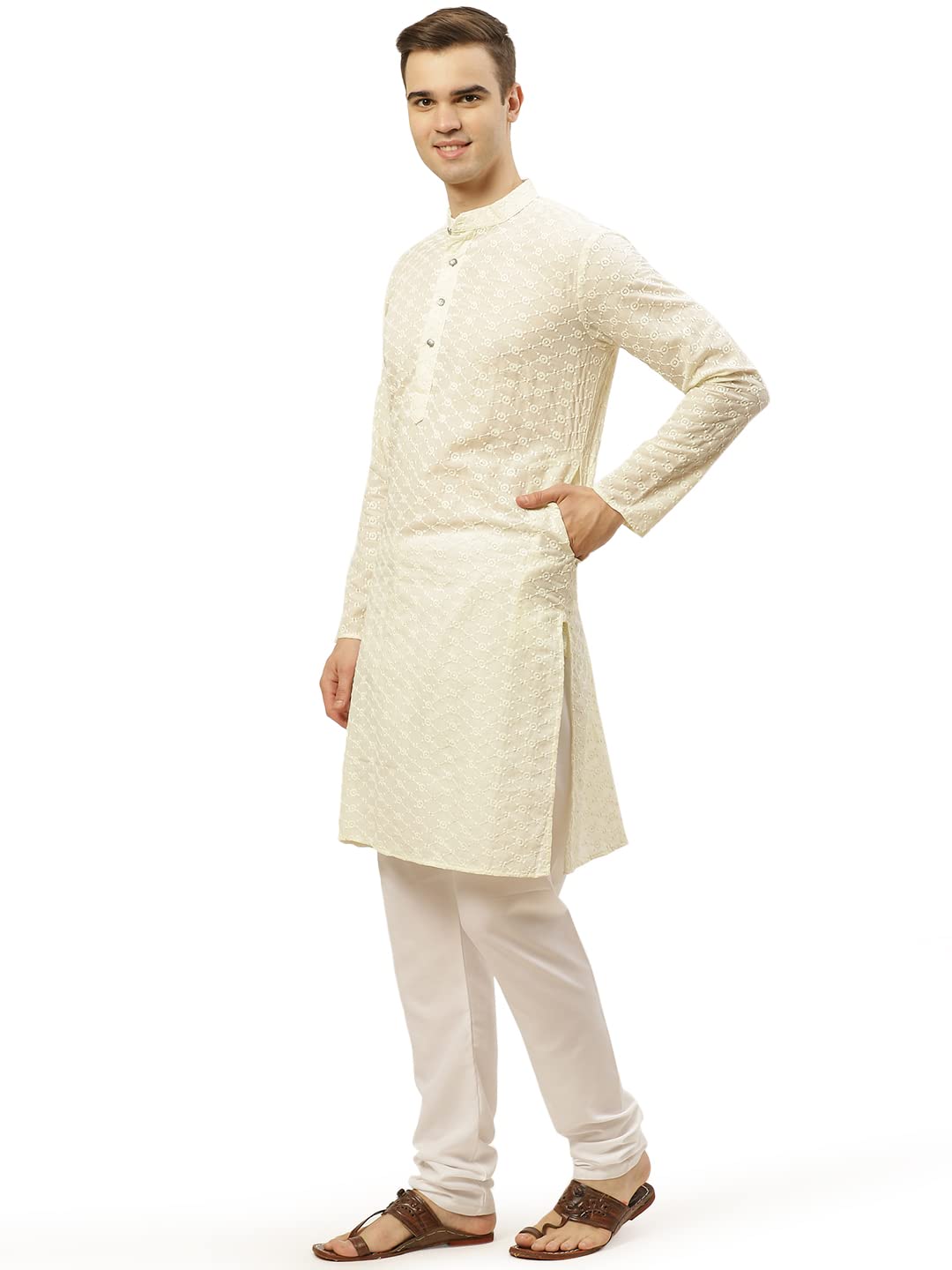 Jompers Men's Cream Embroidered Straight Kurta Pyjama Set. (Cream, L)