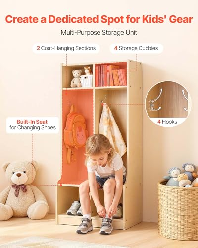 Image of VEVOR 2-Section Coat Locker with Bench, Kids Lockers with 4 Hooks & Non-Slip Mat, Classroom Cubbies for Daycare, Home, Kindergarten- Natural