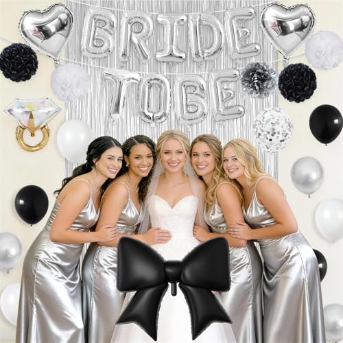 Image of Black Silver Bachelorette Party Decorations, Bride To Be Bridal Shower Kit