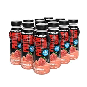 Body Attack High Protein Shake, aardbeienshake, 12 x 500 ml, 50 g proteïne, caloriearme fitness-shake voor de spieropbouw, melk-eiwit, kant-en-klare drank voor onderweg, in 500 ml fles, Made in