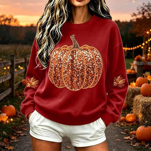 Pumpkin Sweatshirt Women Sequin Oversized Crewneck Halloween Sweatshirts - image 2