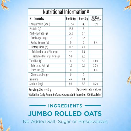 Image of Bagrry's Jumbo Rolled Oats 1kg | Whole Grain, High Fibre & Protein Breakfast Cereal | Non-GMO Oats | No Added Sugar & Preservatives | Instant Oats for Breakfast