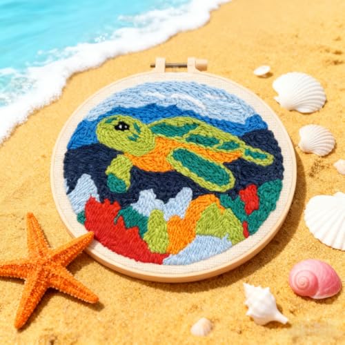 Image of DIY Punch Needle Kits Green Sea Turtle with Hoop 20x20cm-5 | with Pattern Stamped Easy for Beginners Embroidery Punch Needle Starter Craft Set for Adults Festival Gift and Decoration