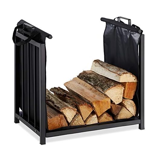 Relaxdays Leñero Interior con Bolsa, Diseño Moderno, Metálico, Chimenea, Almacenaje Leña, Acero, 50 x 51 x 37 cm, Negro