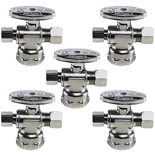 Image of Midline Valve 86314QS-OM-5 Water Supply Angle Stop Valve; Dual Outlet; Quarter Turn Wheel; for Toilet, Sink, Dishwasher; 1 /2'' FIP x 3 /8'' x 1 /4'' Compression; Chrome Plated Brass (5 PK)