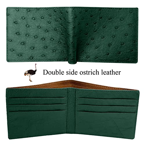 Image of HATA Green Ostrich Leather Bifold Wallet for Men, Double-Sided Ostrich Billfold with RFID Blocking, Handmade Leather Wallet Gift for Birthday, Anniversary, Father's Day VINAMOS-08