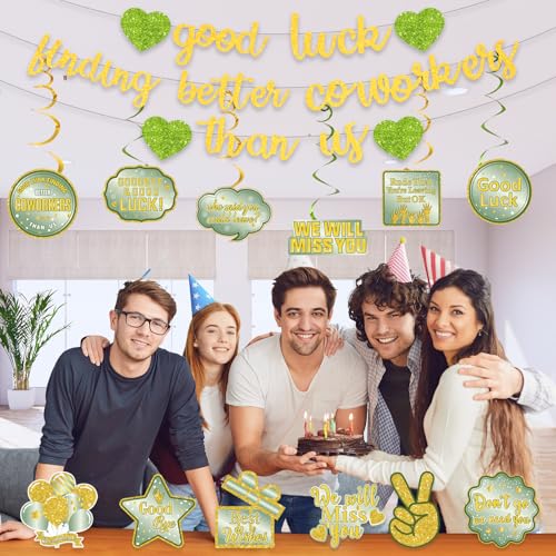 Image of Pre-Strung Good Luck Finding Better Coworkers Than Us Banner, Green Gold Glitter Going Away Party We Will Miss You Decorations, Great for Goodbye Farewell Job Change Party