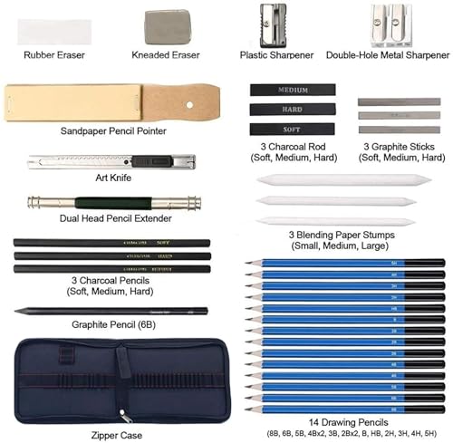 Image of Drawing Pencils Set for Artists | Sketching & Shading Kit with Graphite and Charcoal Pencils | 35 Pieces Art Set