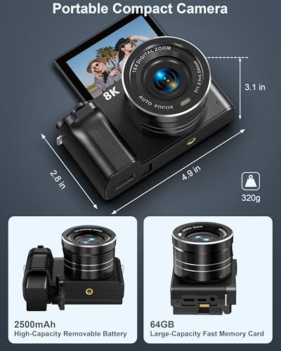 Image of 8K Digital Camera, 88MP Cameras for Photography, Vlogging Camera for YouTube with 3 inch 180 Flip Screen, 18X Zoom UHD Autofocus Video Camara with Lens Hood, 64GB Card