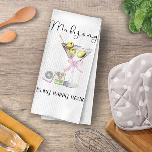 Image of Mahjong Martini Kitchen Towels - Coquette Cocktail Gifts Decorative Dish Towels, Mahjong Gifts Hand Towel, Pink Bow Alcohol Mah Jong Tea Towel, 16x24 Inch