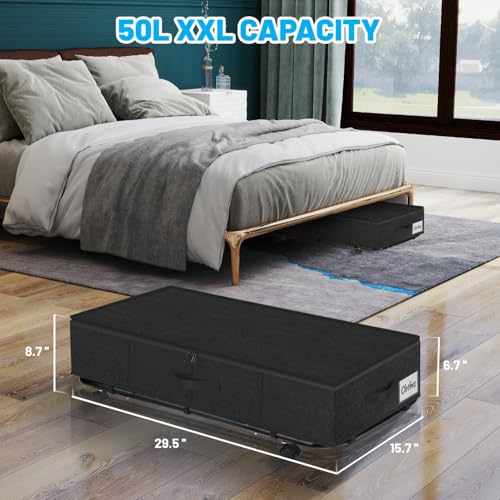 Image of Large Sturdy Under Bed Storage with Wheels, 2 Pack 50L Rolling Underbed Storage Bins, Under Bed Containers Drawer with Metal Bottom Support, Bedroom Organizer with Lids for Clothes, Shoes, Blankets