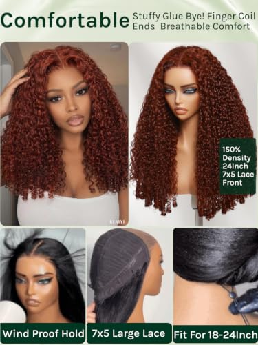 Image of KLAIYI Reddish Brown Burmese Curly Precut 7x5Lace Front Wigs Human Hair 22 inch | Bye Bye Slip Glueless Drawstring Wig Finger Coil Ends Pre Plucked Bleached Knots Pre Everything 30S Ready to Wear and Go Wig