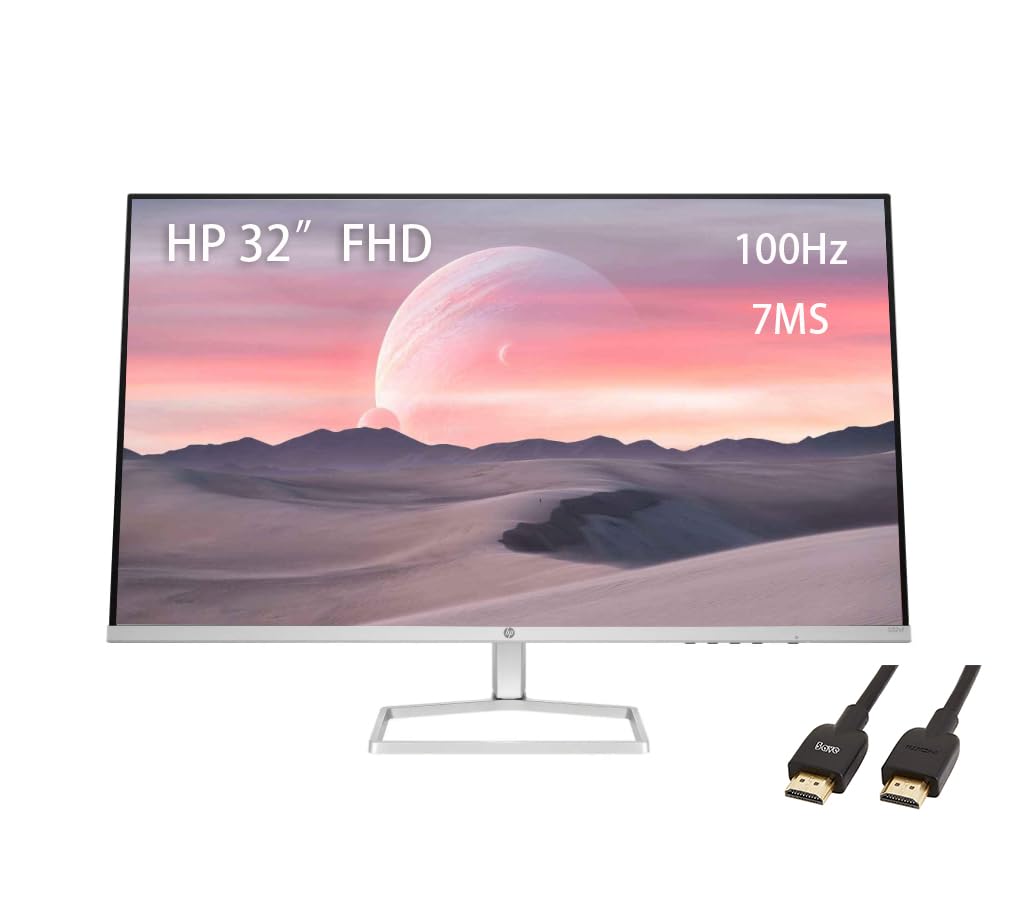 HP 32 Inch Full HD(1920X1080) VA Panel Monitor, Anti-Glare Display, 100Hz Refresh Rate, 7 MS Response Time, 2 x HDMI 1.4, 1 x VGA, 16:9 Aspect Ratio, Silver, with 5ave HDMI Cable