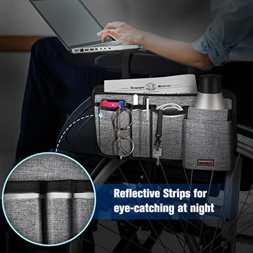 Finpac Wheelchair Side Storage Bag W/Cup Holder, Wheelchair Armrest Accessories Pouch With Pen Slot And Reflective Strips For Power Wheelchairs, Walkers, Rollators, Seniors (Gray) #TOP4