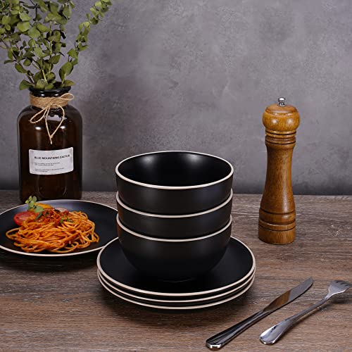 16 Piece Dinnerware Set, Stoneware Dish Set Service For 4, Kitchen Plates And Bowls Set With Mugs,Black Dinnerware Set #TOP4