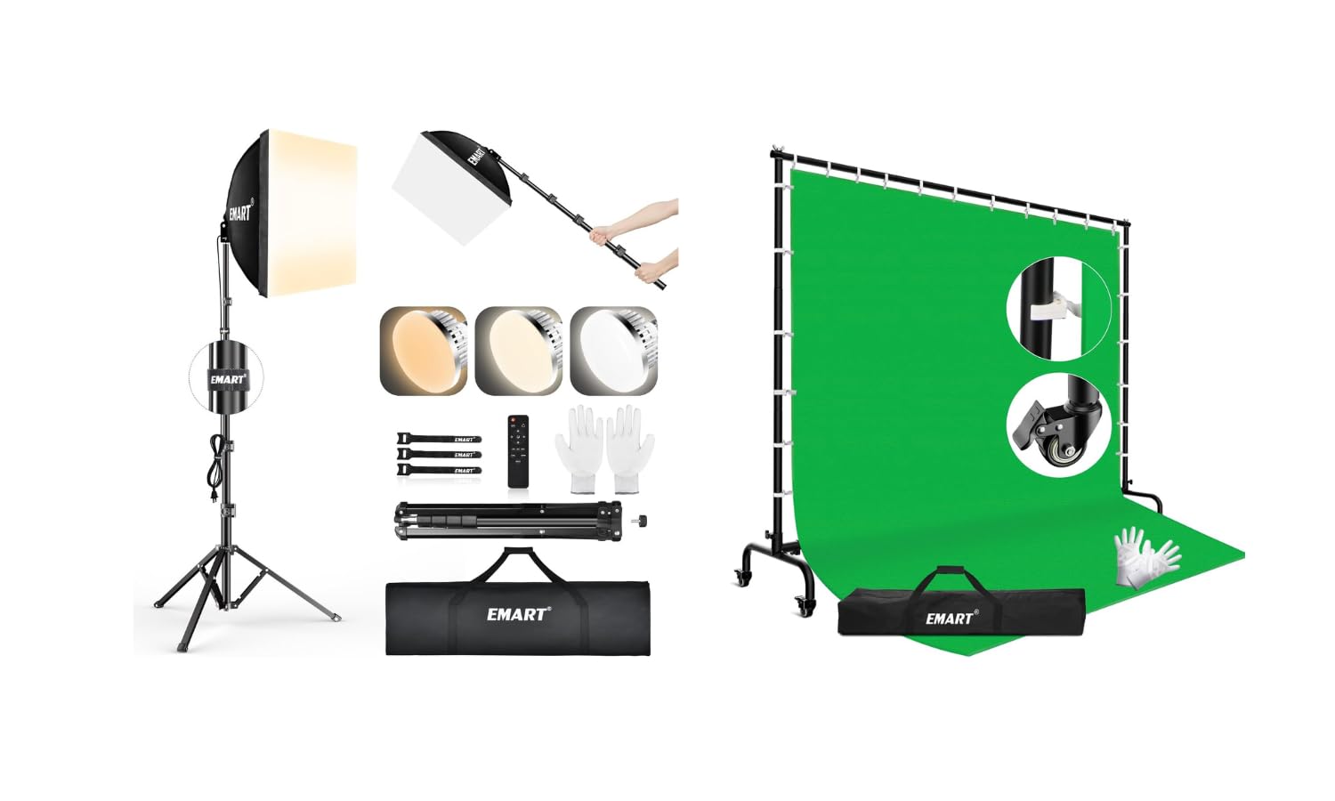 EMART Softbox Lighting Kit, 16"X16" Soft Box, 7x10ft Green Screen Backdrop Kit for Studio Lights, Portrait, Video Recording