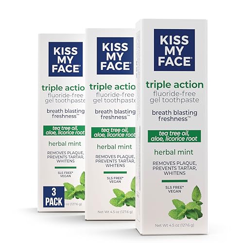 Kiss My Face Triple Action Toothpaste Gel, Herbal Mint Flavor, Removes Plaque, Whitens Teeth, Prevents Tartar, with Tea Tree Oil and Aloe, Fluoride Free, Vegan, 4.5 oz, 3 Pack