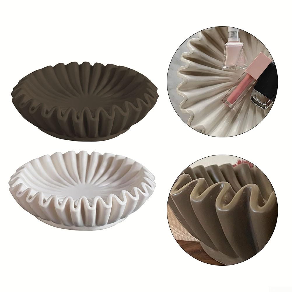 Ciotola decorativa per la casa con scanalature e bordi increspati, ciotola decorativa per soggiorno, tavolino da caffè, libreria, 15,2 x 15,2 x 5,1 cm (bianco)