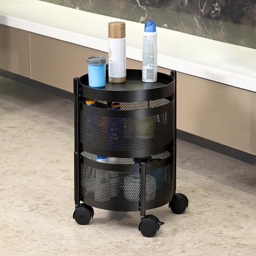 Image of MARKWELL Round Rotatable Kitchen Trolley with Wheels | Vegetable Fruit Onion Storage Rack | Multipurpose Metal Kitchen Organizer Stand | Matt Black (Round - 2 Layer)