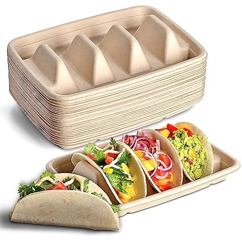 24PCS Disposable Taco Holders for Party, Premium Paper Taco Plates with Dividers, Fiesta Taco Tray Holder, Taco Trays for 3 Tacos, Taco Tuesday Decorations Supplies, Taco Bar Serving Set for a Party Cover