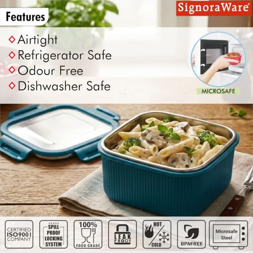 Image of Signoraware Lock N Store Microsafe Steel Square Container+ Lid(800ml,Blue)