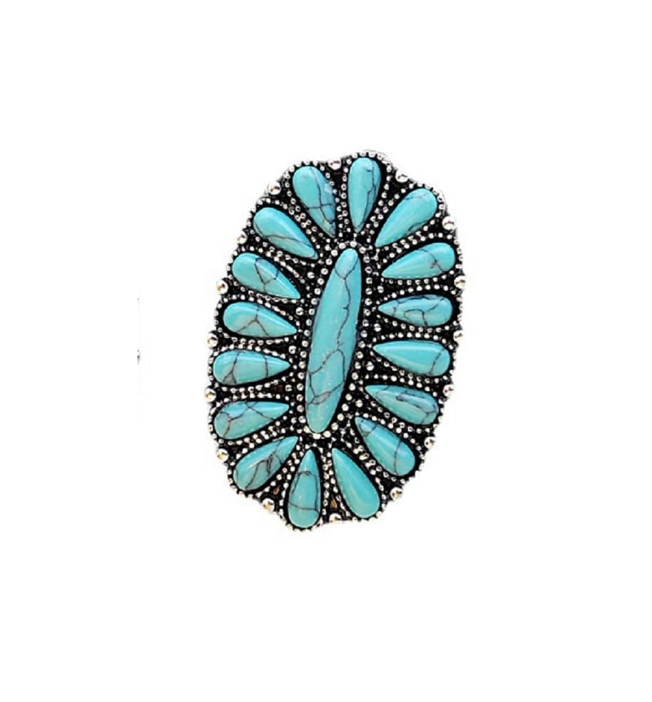 COLORFUL BLING Western Jewelry Natural Turquoise Diamond Flower Rings for Women Boho Turquoise Silver Rings Jewelry Adjustable Vintage Gemstone Stone