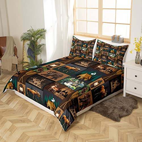 Geometric Lattice Duvet Cover Set King,Bear Deer Animals Bedding Set 3Pcs For Kids Teens Boys Girls Room Decor,Camper Camping Comforter Cover,Brown Vintage Rustic Quilt Cover With 2 Pillowcases #TOP2