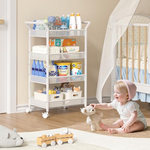 Image of 3IngSeagulls Baby Diaper Caddy Cart, 4-Tier Diaper Caddy Organizer and Storage, Rolling Utility Cart for Baby Supplies, Diaper Cart with Wheels for Bedroom, Nursery, Changing Table, White