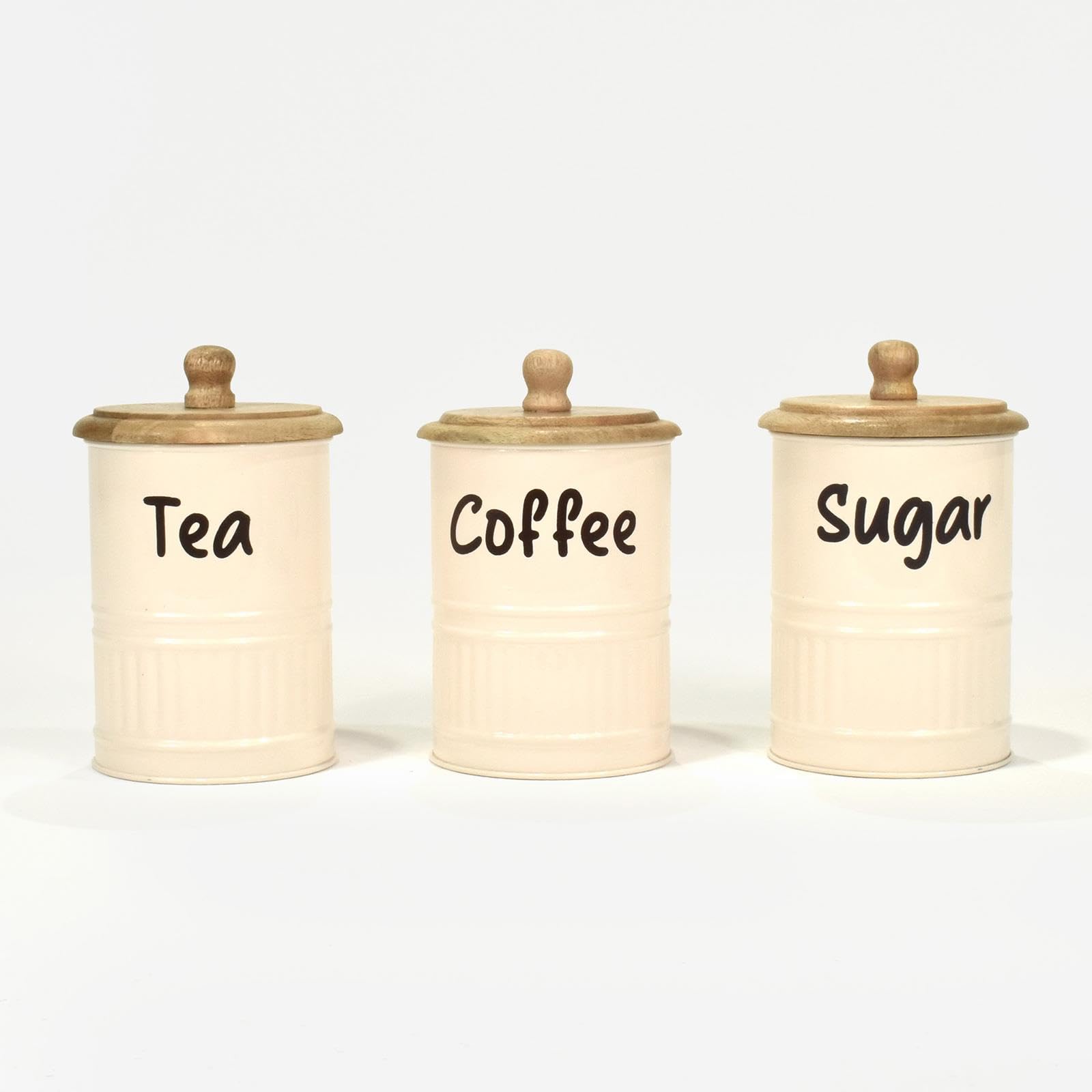 HOMESCAPES Tea Coffee and Sugar Canisters Set, Set of 3 White Decorative Kitchen Food Storage Jars, Galvanised Iron Kitchen Organiser Containers With Wooden Lids for Dry Ingredients - 10 x 17cm