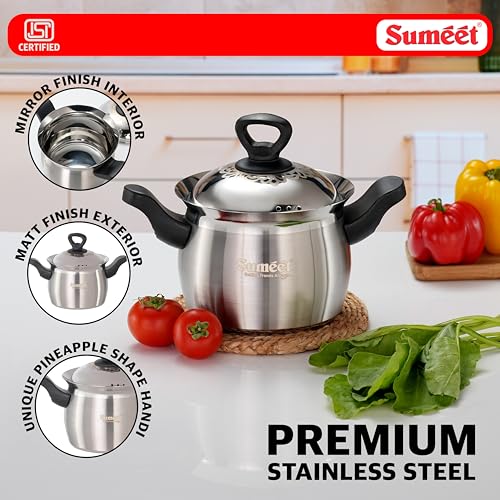 Image of Sumeet ISI Certified Stainless Steel Cook & Serve Pineapple Shape Handi /Cooking Pot with Steel Lid |Induction and Gas Compatible | Capacity - 2000ml -Dia - 17cm, Silver