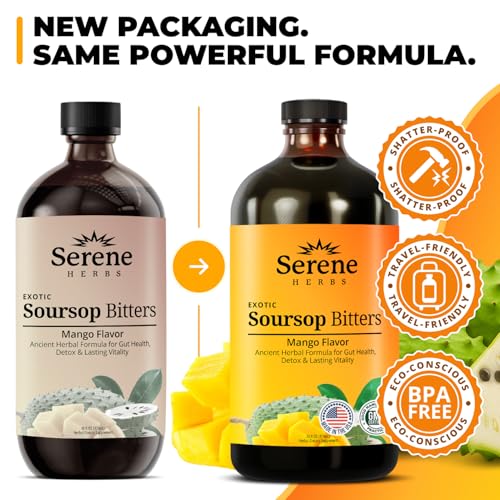 Image of Serene Herbs Soursop Bitters Liquid with Soursop Leaves for Gut Cleanse, Detox & Immune Boost with Black Seed, Moringa, Irish Moss, Ashwaganda, Turmeric, 16 Fl Oz (Pack of 1), Mango