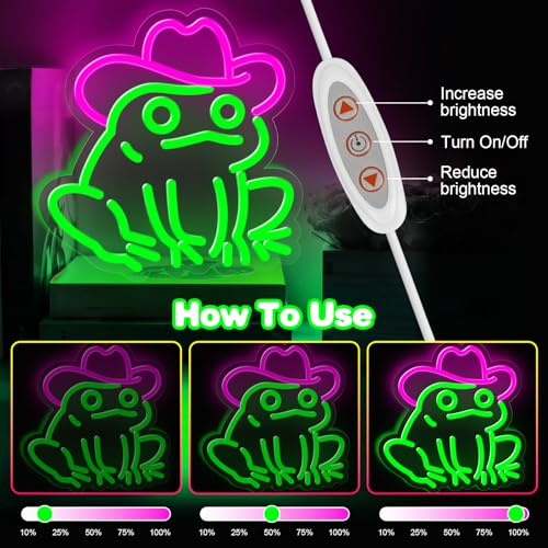 Image of Frog Neon Sign for Wall Decor,Dimmable Frog with Cowboy Hat Neon Light,Pink Green Animal Light Up Signs for Bedroom Party Bar Background Christmas Gifts Decorations