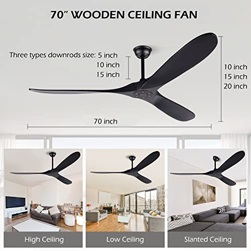 EOPETY 72 Inch Black Ceiling Fan No Light ,Wood Outdoor Ceiling Fans for Patios Living Room Gazebo Mid Century Modern Exterior Extra Large Waterproof Ceiling Fan without Light with Downrod - Image 2