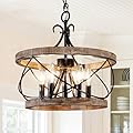 5-Light Farmhouse Wood Chandelier,Rustic Drum Chandelier,Black Vintage Chandelier for Dining Room Entryway Foyer Kitchen Island Hallway (15.7 Inch)