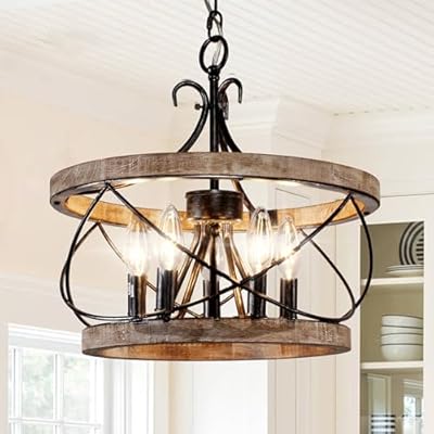 5-Light Farmhouse Wood Chandelier,Rustic Drum Chandelier,Black Vintage Chandelier for Dining Room Entryway Foyer Kitchen Island Hallway (15.7 Inch)